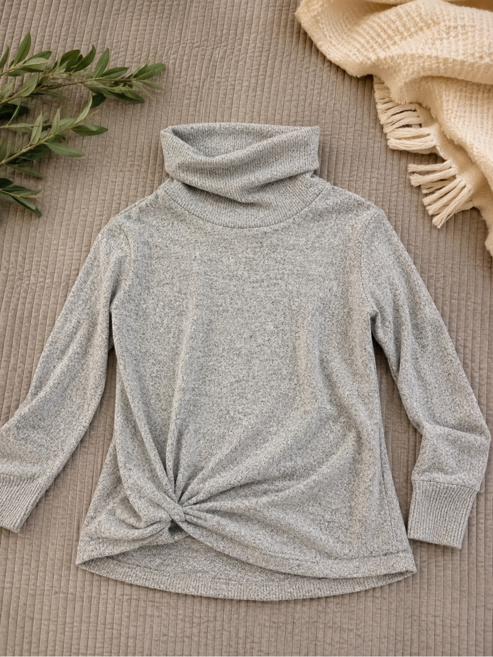 AGB Light Heather Gray Twist-Front Turtleneck Sweater